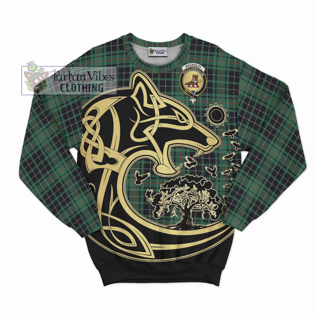 Tartan Vibes Clothing MacAulay Hunting Ancient Tartan Sweatshirt with Family Crest Celtic Wolf Style