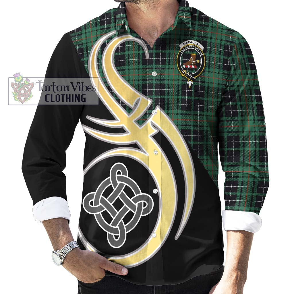 Tartan Vibes Clothing MacAulay Hunting Ancient Tartan Long Sleeve Button Shirt with Family Crest and Celtic Symbol Style