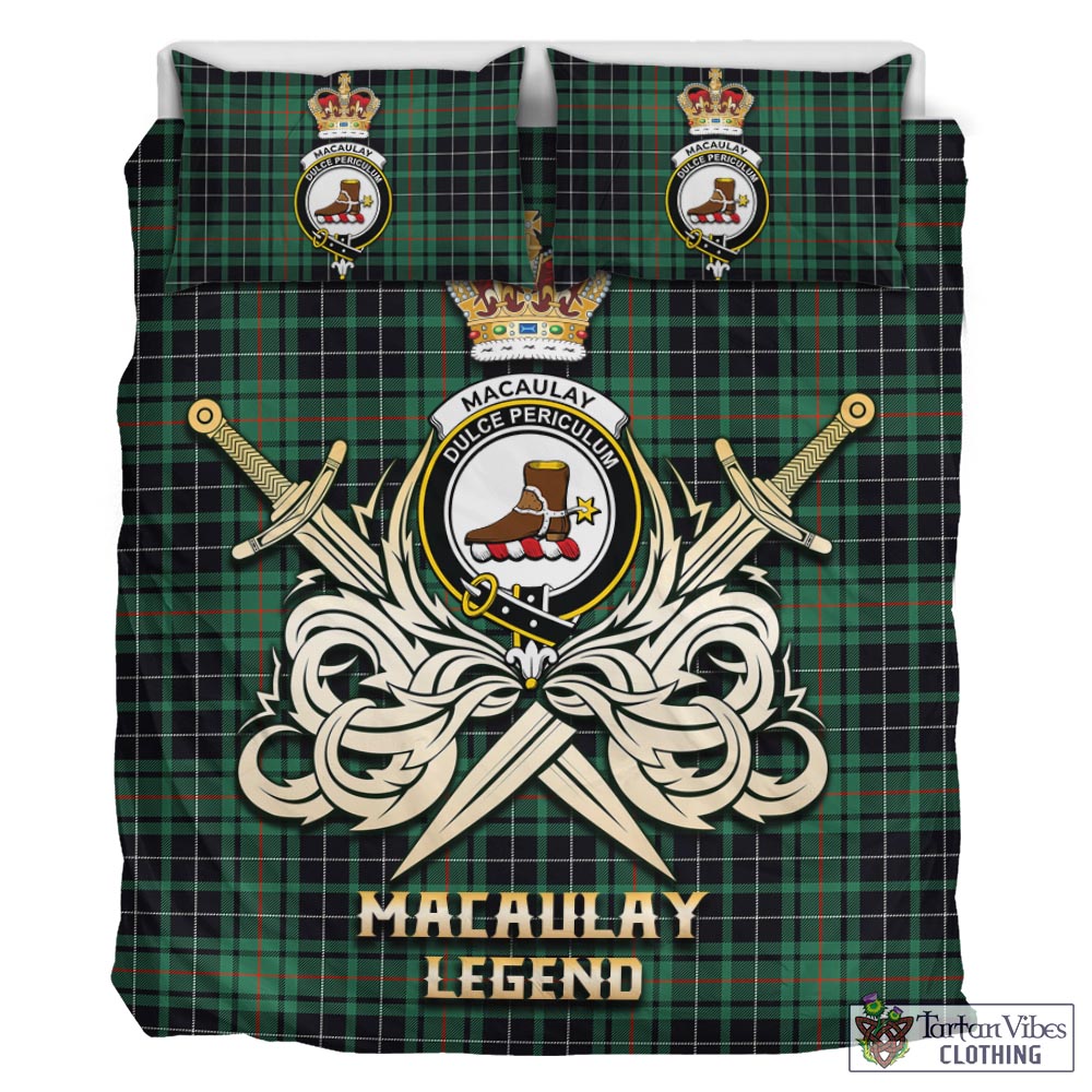 Tartan Vibes Clothing MacAulay Hunting Ancient Tartan Bedding Set with Clan Crest and the Golden Sword of Courageous Legacy