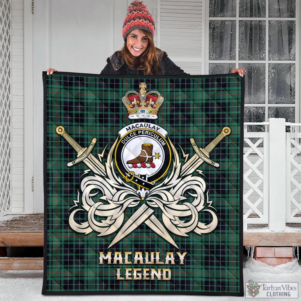 Tartan Vibes Clothing MacAulay Hunting Ancient Tartan Quilt with Clan Crest and the Golden Sword of Courageous Legacy