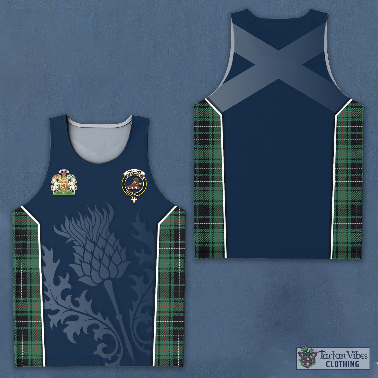 Tartan Vibes Clothing MacAulay Hunting Ancient Tartan Men's Tanks Top with Family Crest and Scottish Thistle Vibes Sport Style