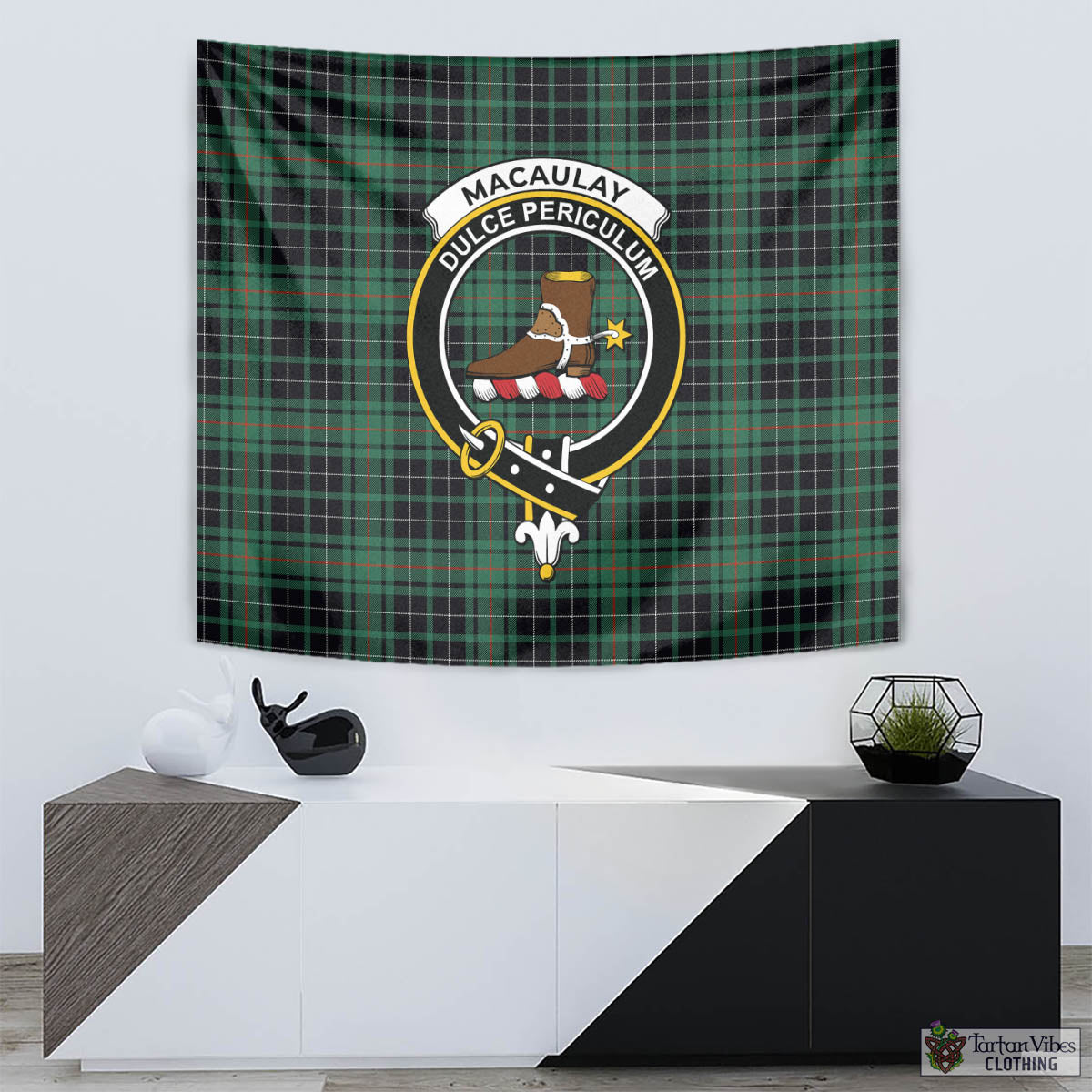 Tartan Vibes Clothing MacAulay Hunting Ancient Tartan Tapestry Wall Hanging and Home Decor for Room with Family Crest