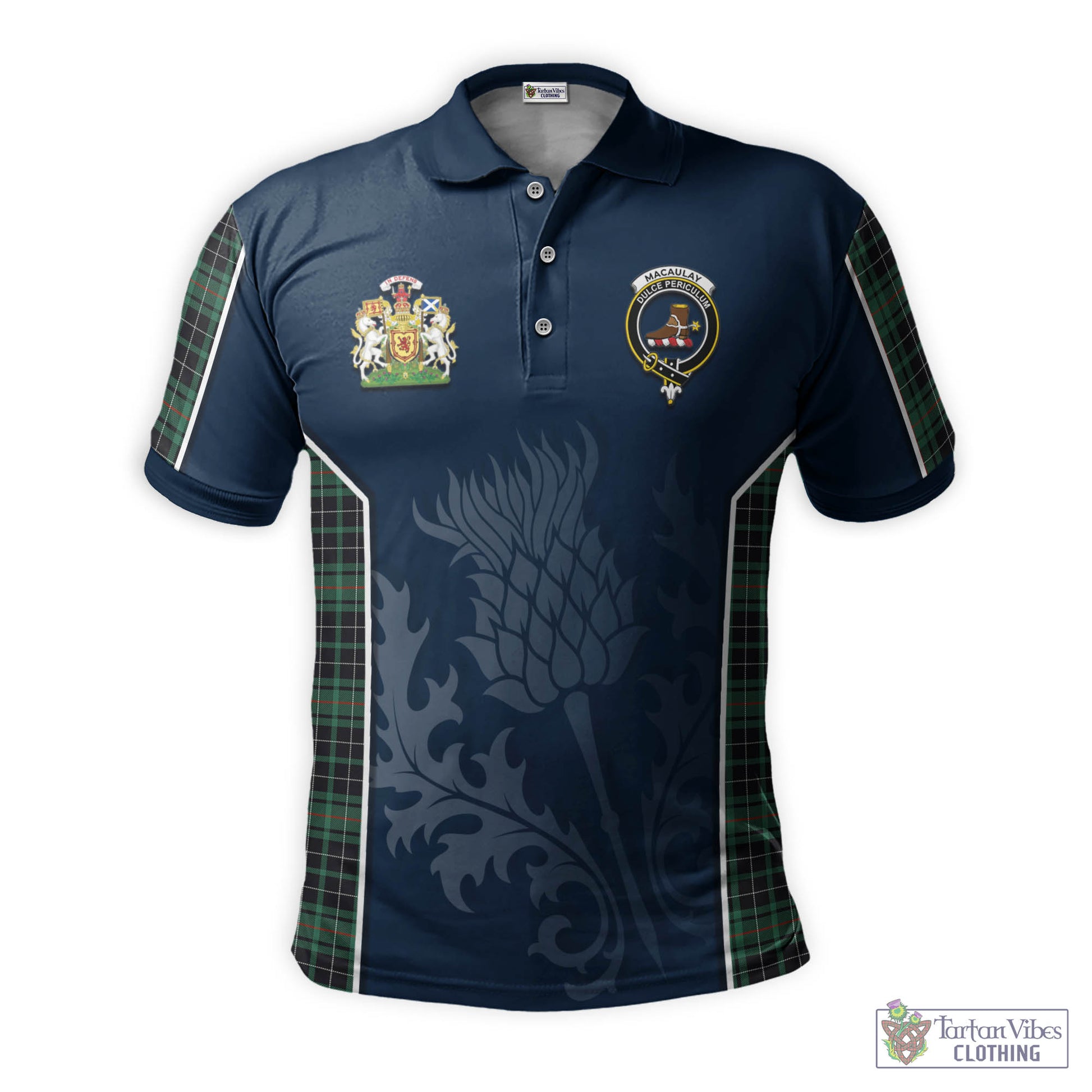 Tartan Vibes Clothing MacAulay Hunting Ancient Tartan Men's Polo Shirt with Family Crest and Scottish Thistle Vibes Sport Style