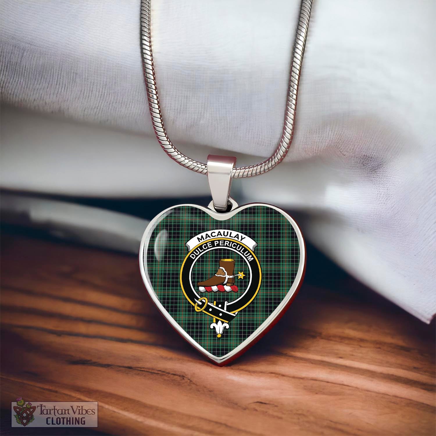 Tartan Vibes Clothing MacAulay Hunting Ancient Tartan Heart Necklace with Family Crest