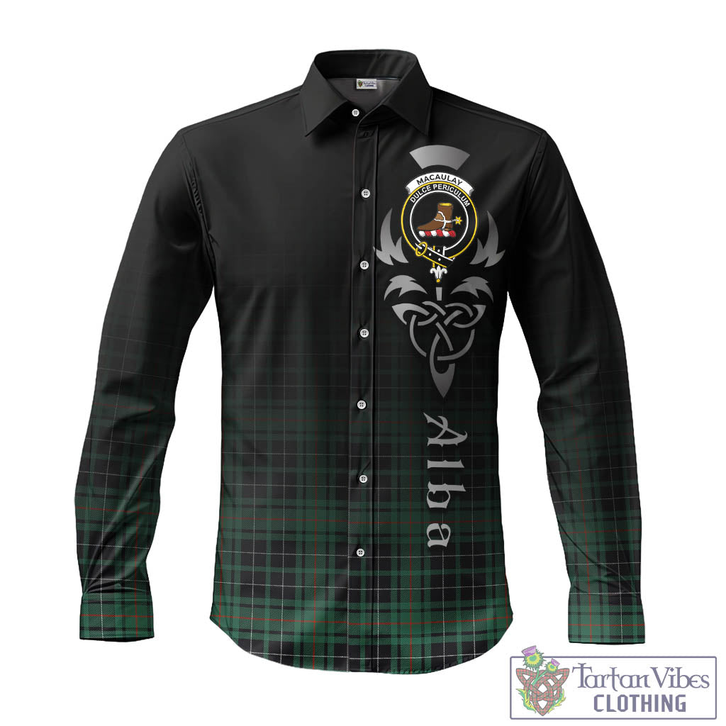 Tartan Vibes Clothing MacAulay Hunting Ancient Tartan Long Sleeve Button Up Featuring Alba Gu Brath Family Crest Celtic Inspired