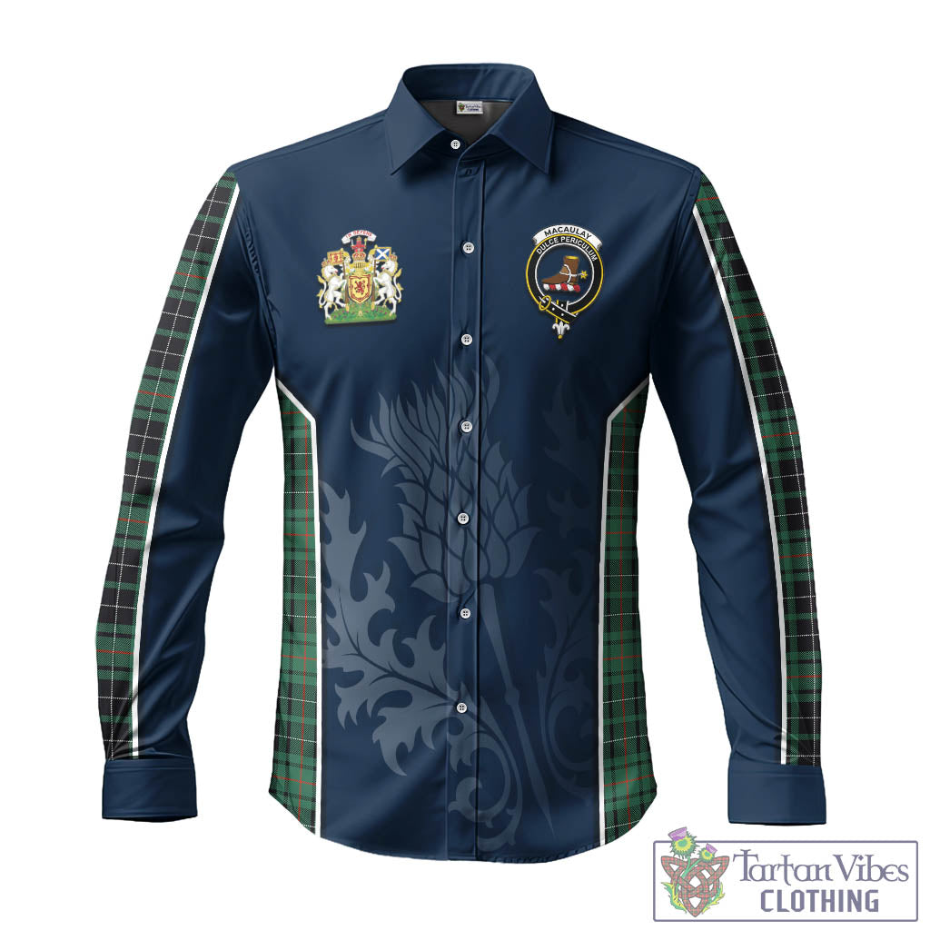 Tartan Vibes Clothing MacAulay Hunting Ancient Tartan Long Sleeve Button Up Shirt with Family Crest and Scottish Thistle Vibes Sport Style