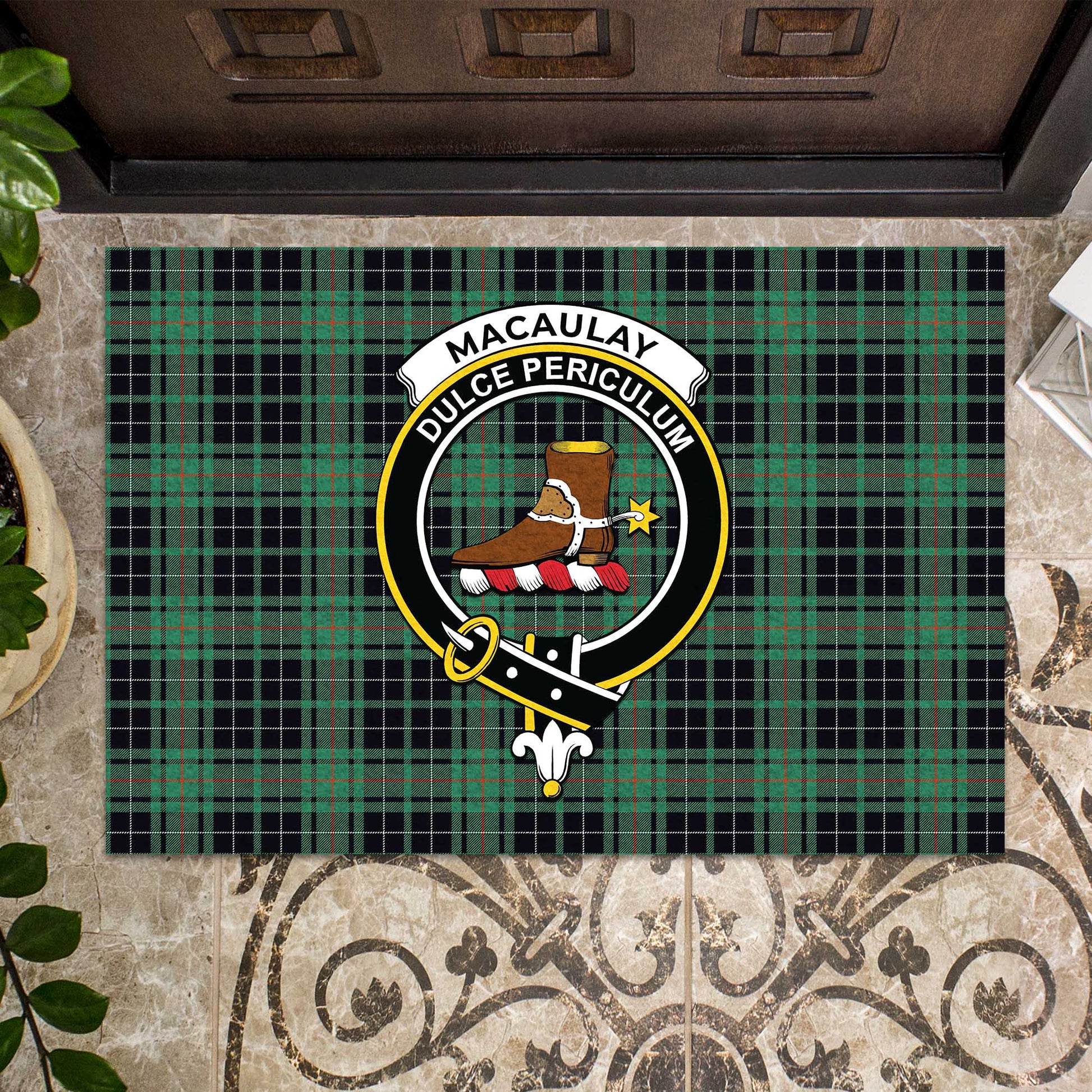 MacAulay Hunting Ancient Tartan Door Mat with Family Crest - Tartanvibesclothing