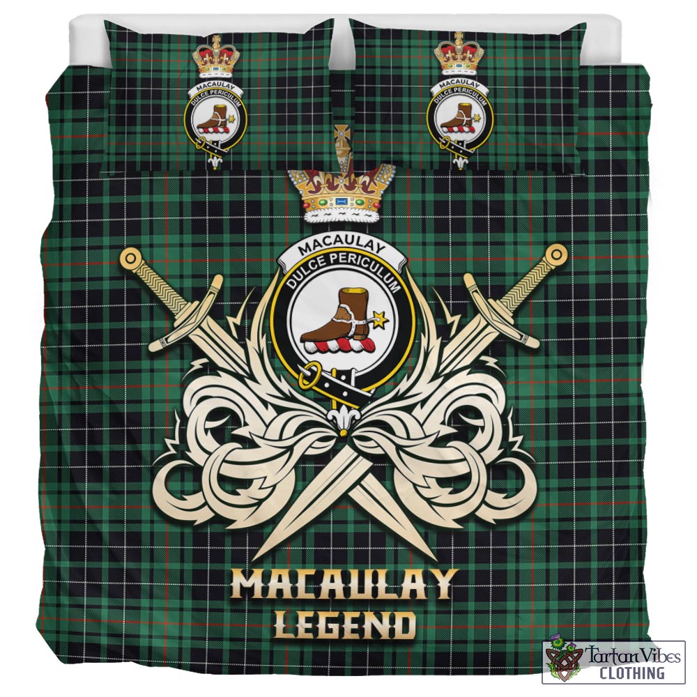 Tartan Vibes Clothing MacAulay Hunting Ancient Tartan Bedding Set with Clan Crest and the Golden Sword of Courageous Legacy