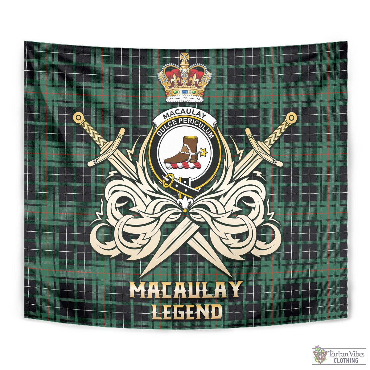 Tartan Vibes Clothing MacAulay Hunting Ancient Tartan Tapestry with Clan Crest and the Golden Sword of Courageous Legacy