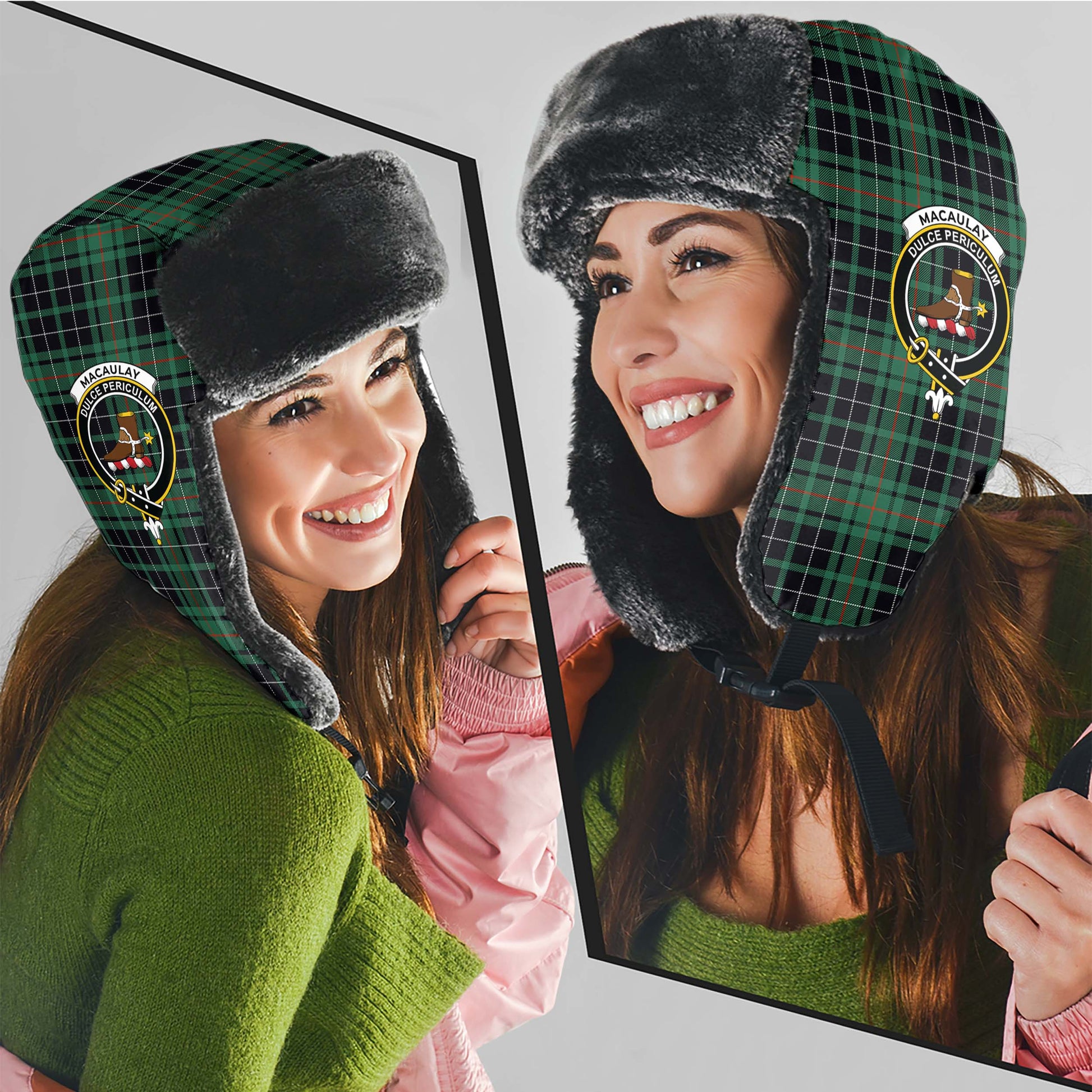 MacAulay Hunting Ancient Tartan Winter Trapper Hat with Family Crest - Tartanvibesclothing