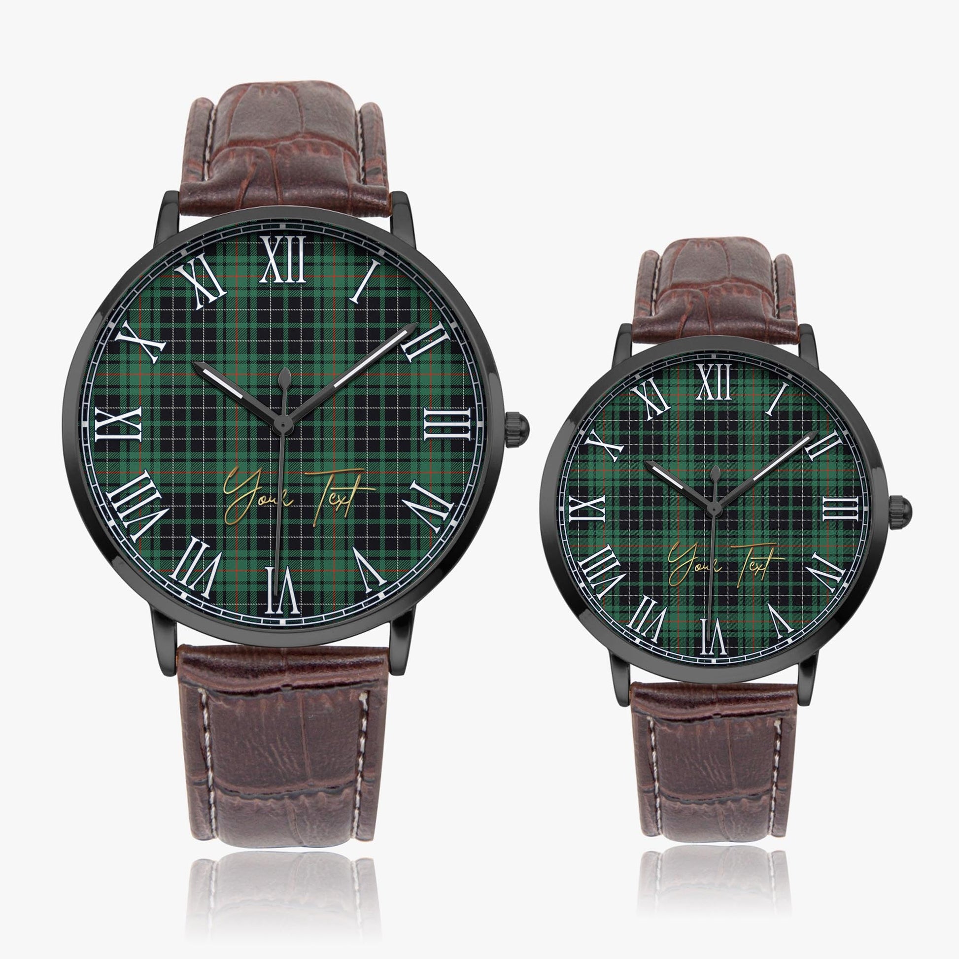 MacAulay Hunting Ancient Tartan Personalized Your Text Leather Trap Quartz Watch Ultra Thin Black Case With Brown Leather Strap - Tartanvibesclothing