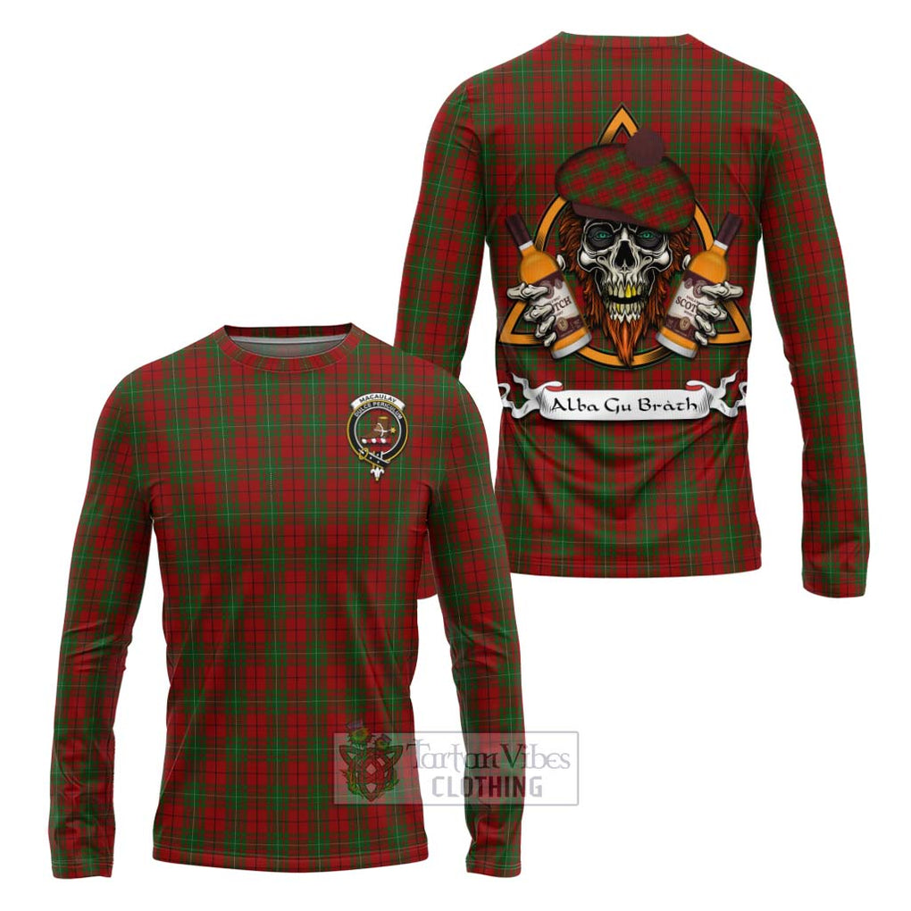 Tartan Vibes Clothing MacAulay (MacAuley) Tartan Long Sleeve T-Shirt with Family Crest and Bearded Skull Holding Bottles of Whiskey