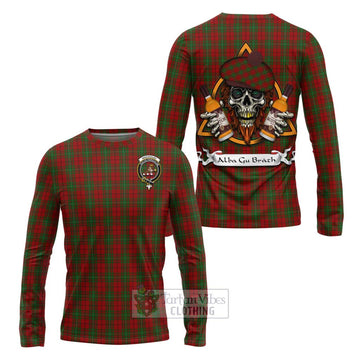 MacAulay (MacAuley) Tartan Long Sleeve T-Shirt with Family Crest and Bearded Skull Holding Bottles of Whiskey