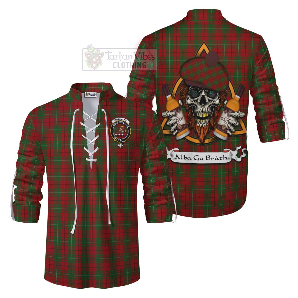 Tartan Vibes Clothing MacAulay (MacAuley) Tartan Ghillie Kilt Shirt with Family Crest and Bearded Skull Holding Bottles of Whiskey