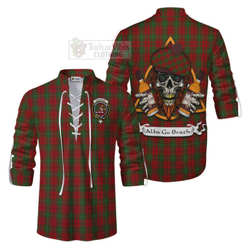 MacAulay (MacAuley) Tartan Ghillie Kilt Shirt with Family Crest and Bearded Skull Holding Bottles of Whiskey