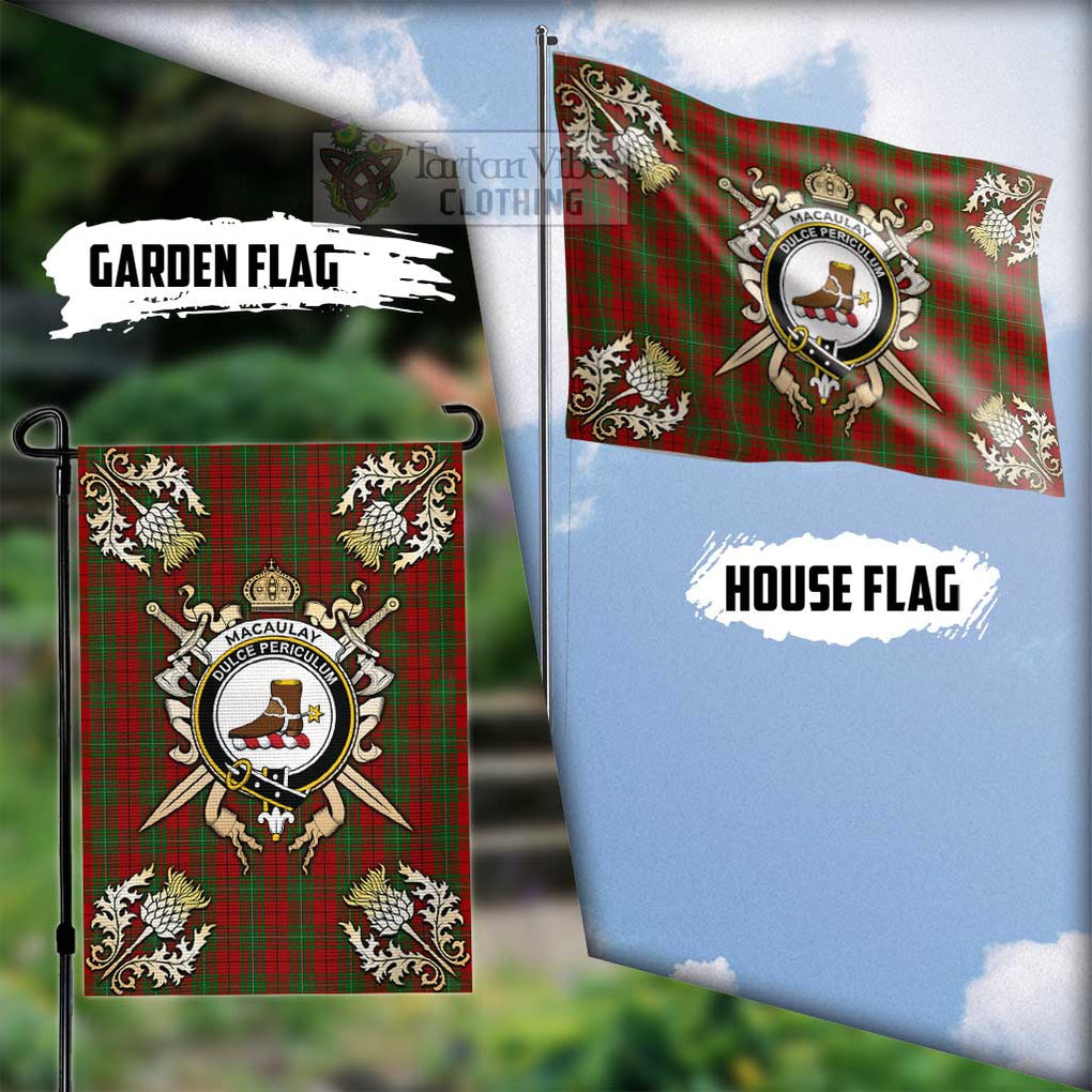 Tartan Vibes Clothing MacAulay (MacAuley) Tartan Flag with Family Crest and Golden Thistle Crossed Sword Design