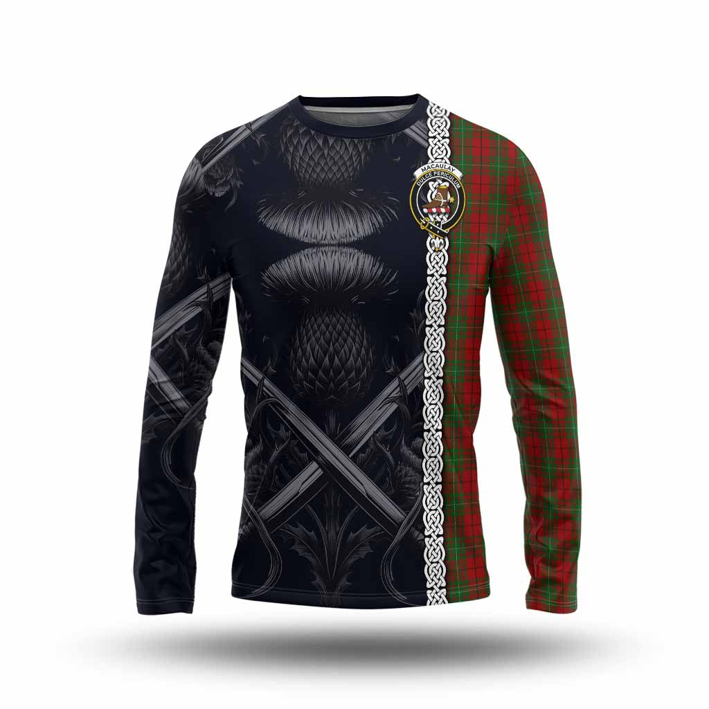 Tartan Vibes Clothing MacAulay (MacAuley) Tartan Long Sleeve T-Shirt with Family Crest Cross Sword Thistle Celtic Vibes