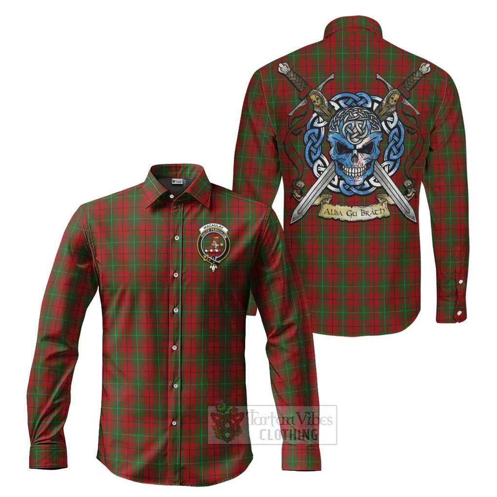 Tartan Vibes Clothing MacAulay (MacAuley) Tartan Long Sleeve Button Shirt with Family Crest Celtic Skull Style