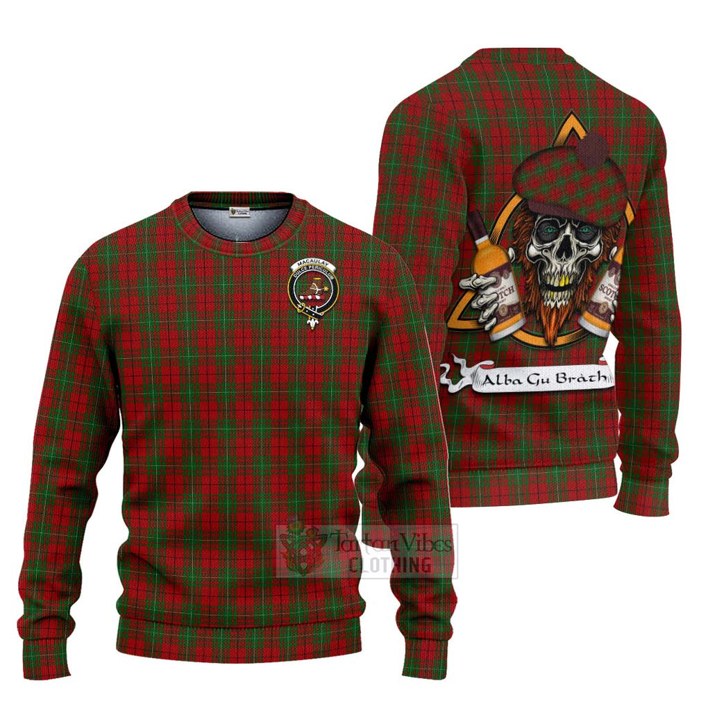 Tartan Vibes Clothing MacAulay (MacAuley) Tartan Knitted Sweater with Family Crest and Bearded Skull Holding Bottles of Whiskey