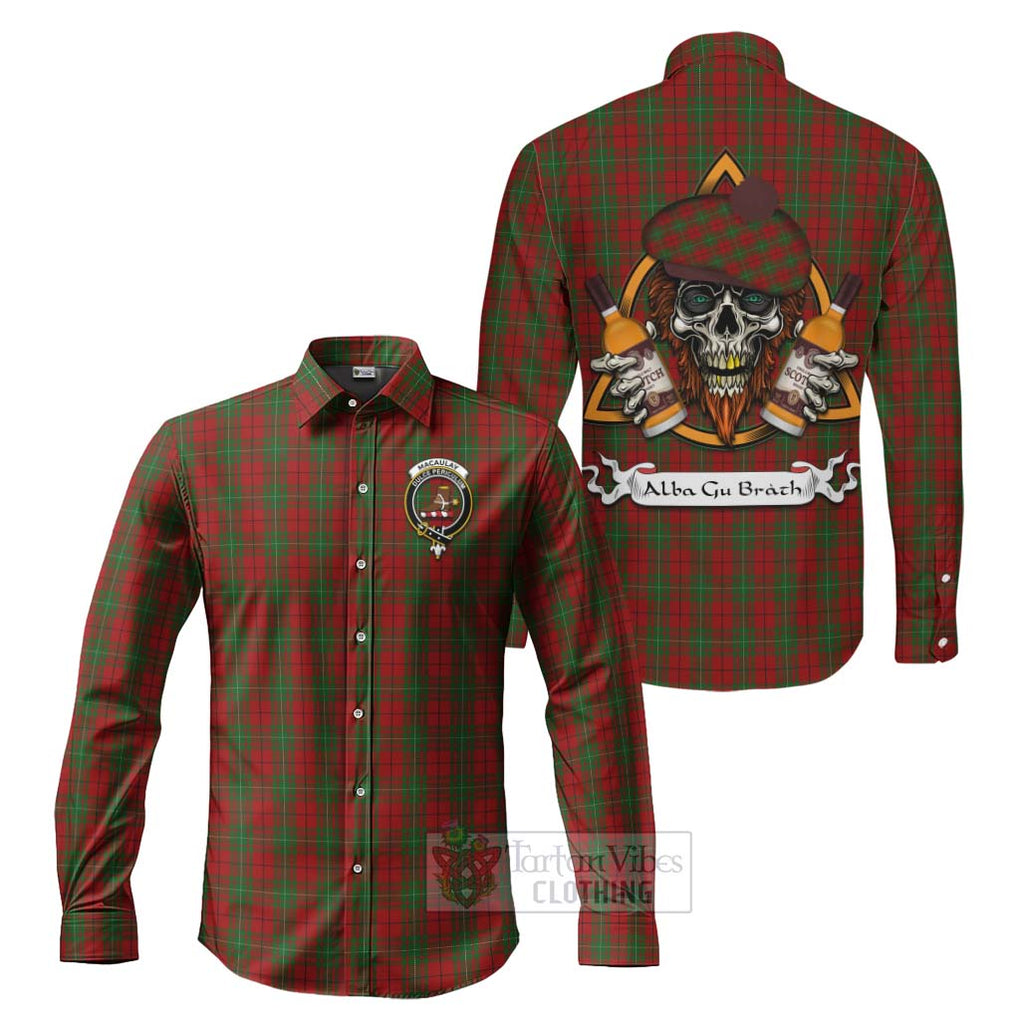 Tartan Vibes Clothing MacAulay (MacAuley) Tartan Long Sleeve Button Shirt with Family Crest and Bearded Skull Holding Bottles of Whiskey