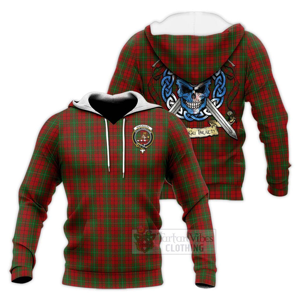 Tartan Vibes Clothing MacAulay (MacAuley) Tartan Knitted Hoodie with Family Crest Celtic Skull Style