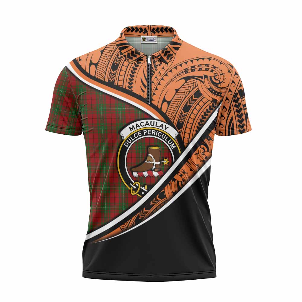 Tartan Vibes Clothing MacAulay (MacAuley) Crest Tartan Zipper Polo Shirt with Maori Tattoo Style - Orange Version