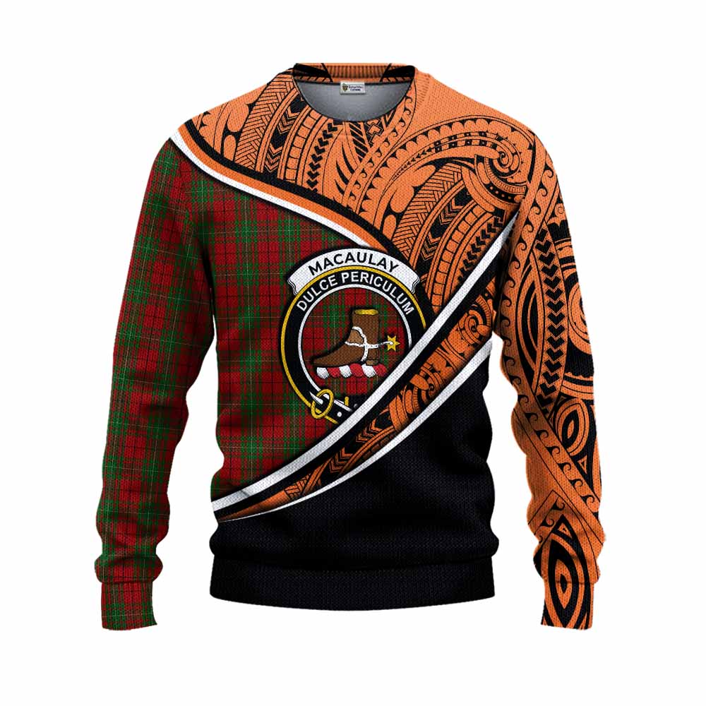 Tartan Vibes Clothing MacAulay (MacAuley) Crest Tartan Knitted Sweater with Maori Tattoo Style - Orange Version