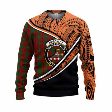 MacAulay (MacAuley) Crest Tartan Knitted Sweater with Polynesian Vibes Style - Orange Version