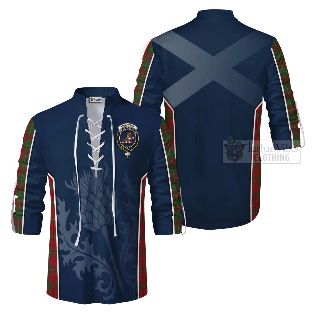 Tartan Vibes Clothing MacAulay (MacAuley) Tartan Ghillie Kilt Shirt with Family Crest and Scottish Thistle Vibes Sport Style