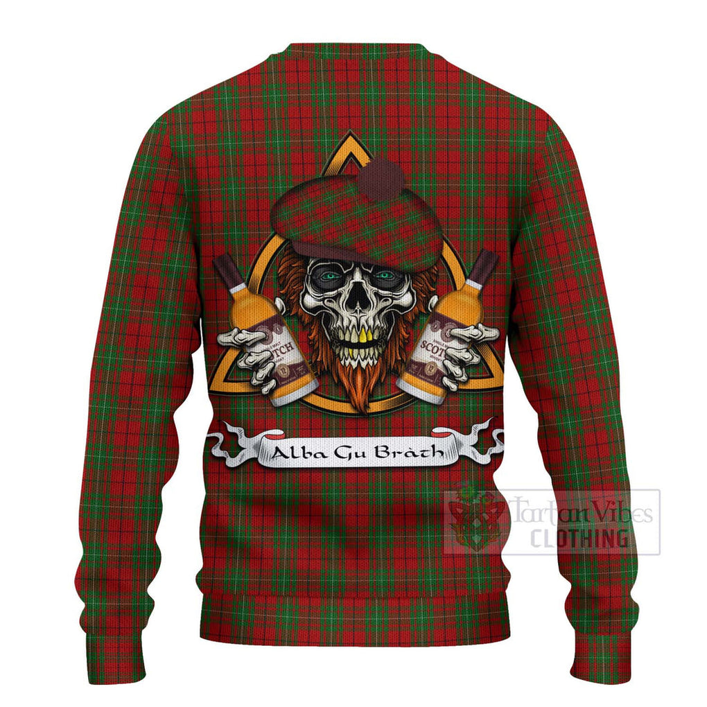 Tartan Vibes Clothing MacAulay (MacAuley) Tartan Knitted Sweater with Family Crest and Bearded Skull Holding Bottles of Whiskey