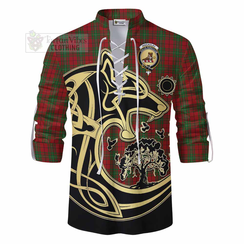 Tartan Vibes Clothing MacAulay (MacAuley) Tartan Ghillie Kilt Shirt with Family Crest Celtic Wolf Style