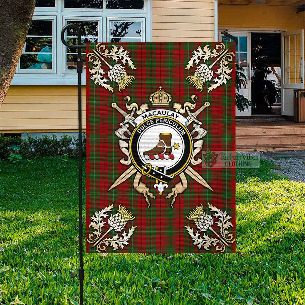 Tartan Vibes Clothing MacAulay (MacAuley) Tartan Flag with Family Crest and Golden Thistle Crossed Sword Design