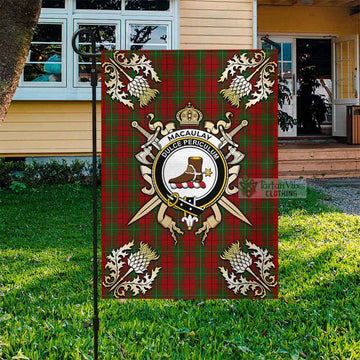 MacAulay (MacAuley) Tartan Flag with Family Crest and Golden Thistle Crossed Sword Design