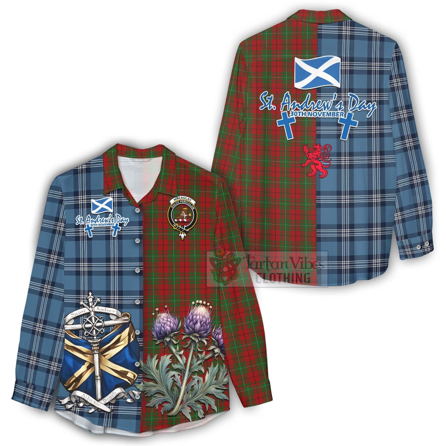 Tartan Vibes Clothing MacAulay (MacAuley) Tartan Women's Casual Shirt Happy St. Andrew's Day Half Tartan Style