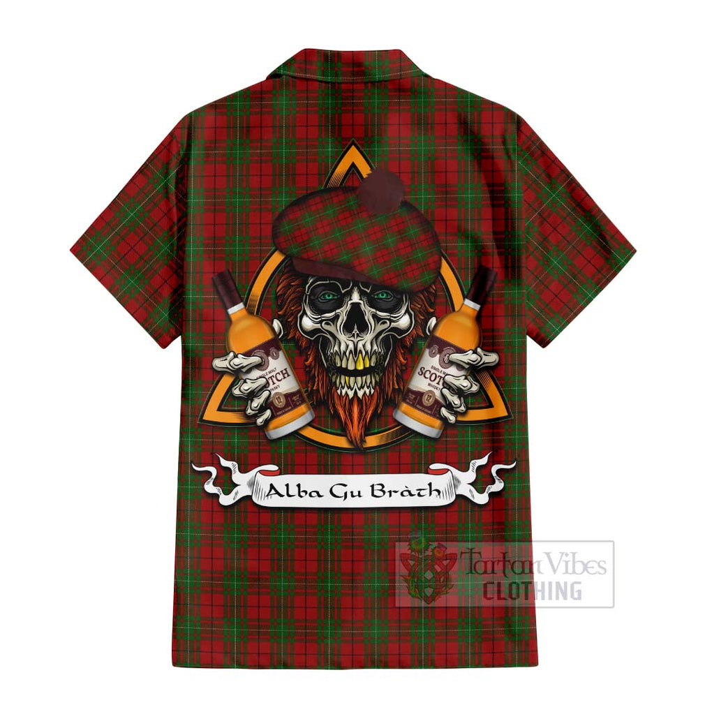 Tartan Vibes Clothing MacAulay (MacAuley) Tartan Short Sleeve Button Shirt with Family Crest and Bearded Skull Holding Bottles of Whiskey