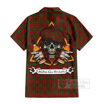 MacAulay (MacAuley) Tartan Short Sleeve Button Shirt with Family Crest and Bearded Skull Holding Bottles of Whiskey