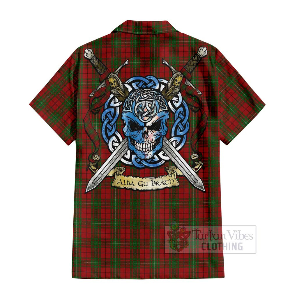 Tartan Vibes Clothing MacAulay (MacAuley) Tartan Short Sleeve Button Shirt with Family Crest Celtic Skull Style