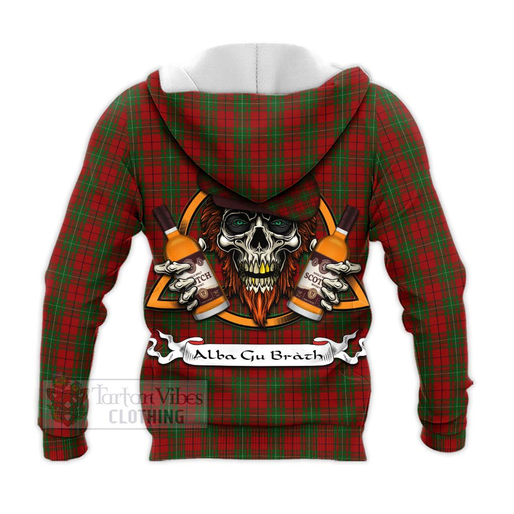 Tartan Vibes Clothing MacAulay (MacAuley) Tartan Knitted Hoodie with Family Crest and Bearded Skull Holding Bottles of Whiskey