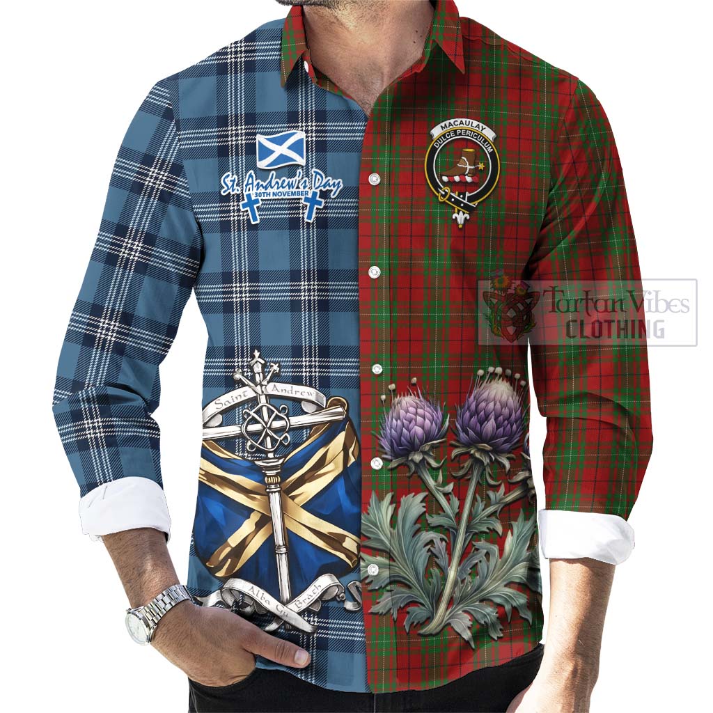 Tartan Vibes Clothing MacAulay (MacAuley) Tartan Long Sleeve Button Shirt Happy St. Andrew's Day Half Tartan Style