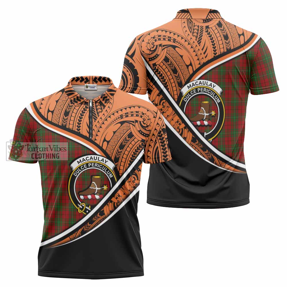 Tartan Vibes Clothing MacAulay (MacAuley) Crest Tartan Zipper Polo Shirt with Maori Tattoo Style - Orange Version