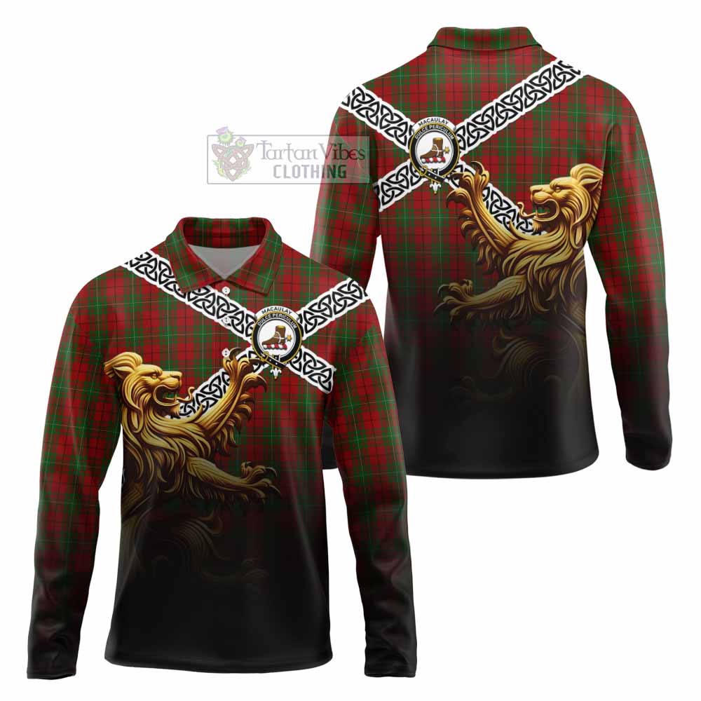MacAulay (MacAuley) Crest Tartan Long Sleeve Polo Shirt with Golden Lion Emblem Celtic Style - Tartan Vibes Clothing