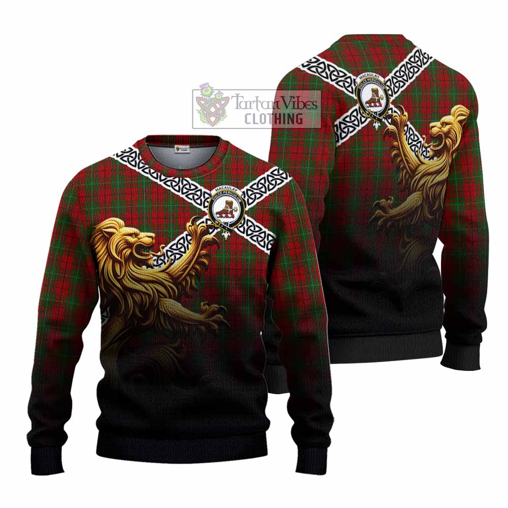 MacAulay (MacAuley) Crest Tartan Knitted Sweater with Golden Lion Emblem Celtic Style - Tartan Vibes Clothing