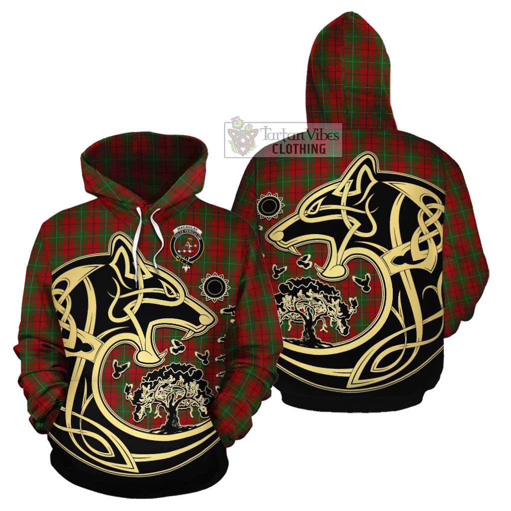 Tartan Vibes Clothing MacAulay (MacAuley) Tartan Cotton Hoodie with Family Crest Celtic Wolf Style