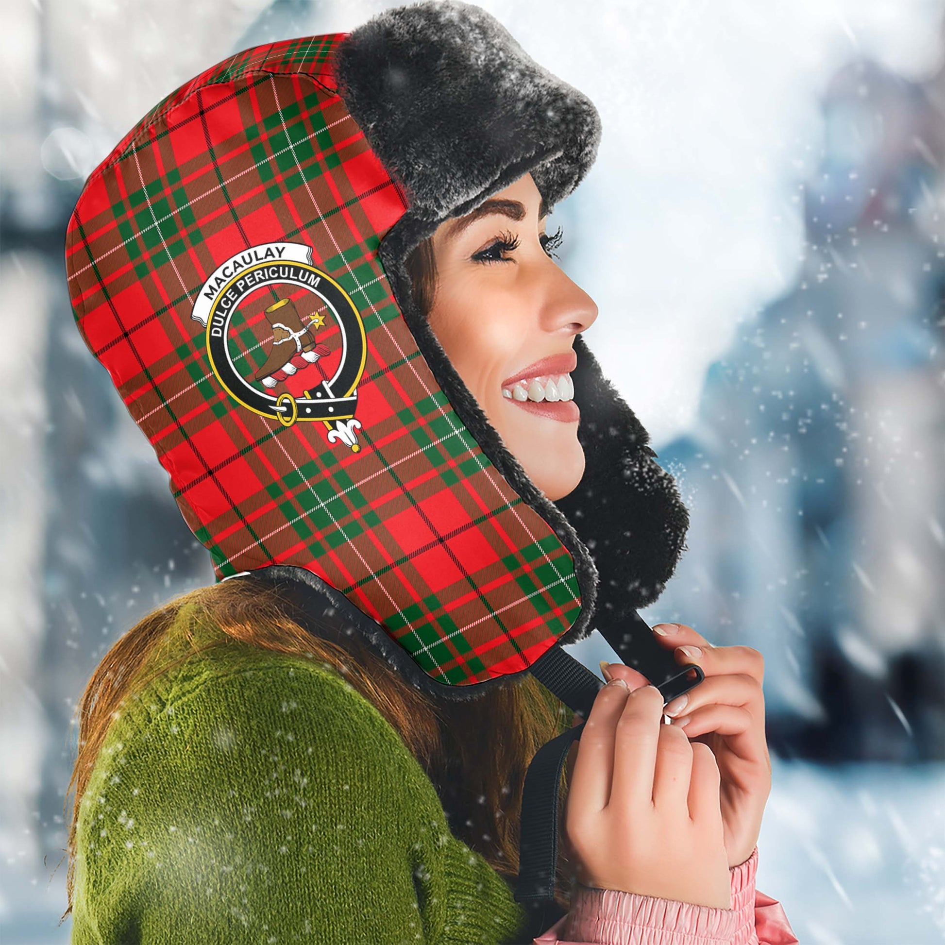 MacAulay Modern Tartan Winter Trapper Hat with Family Crest Winter Trapper Hat Universal Fit Circumference 22.8in (58cm) - Tartanvibesclothing