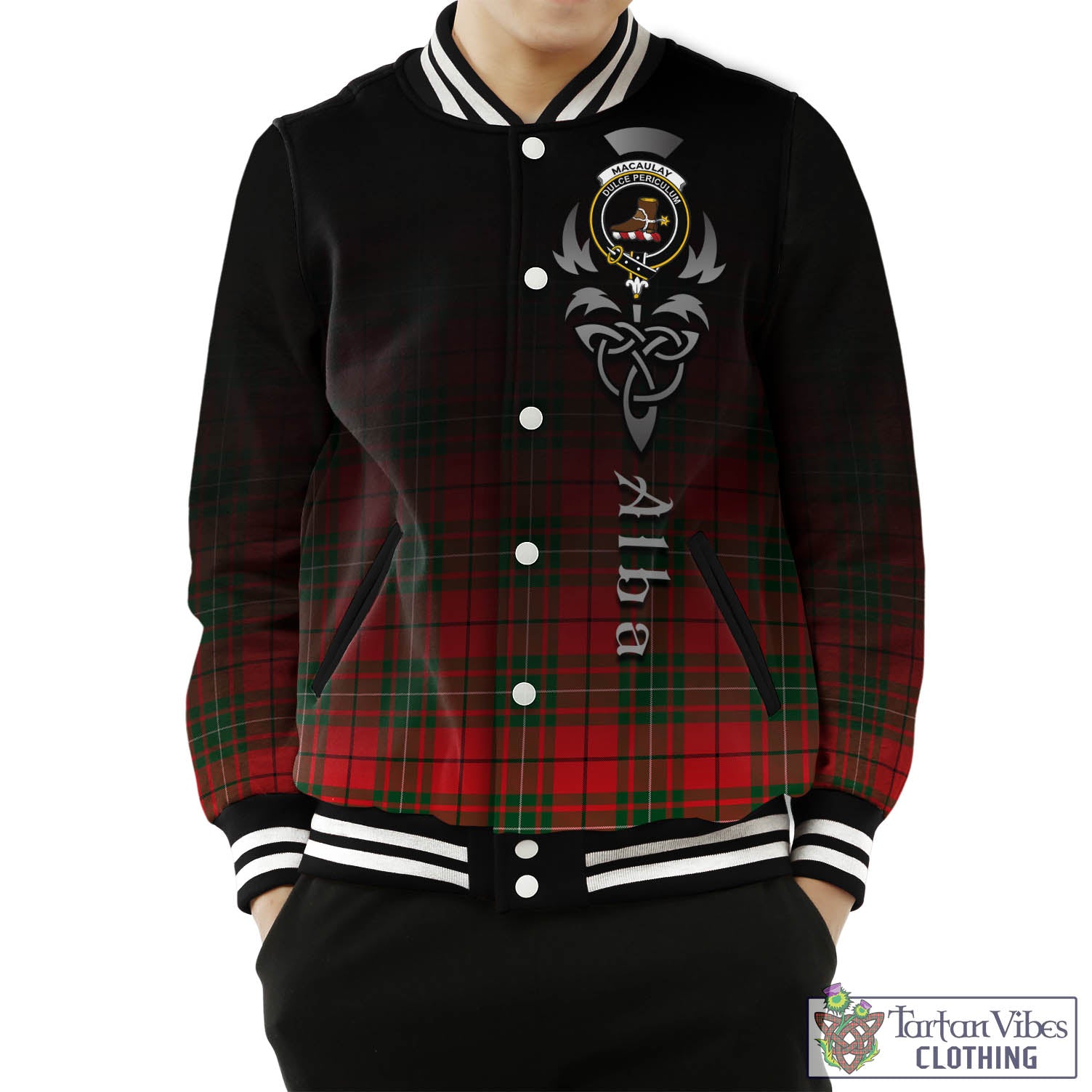 Tartan Vibes Clothing MacAulay Modern Tartan Baseball Jacket Featuring Alba Gu Brath Family Crest Celtic Inspired