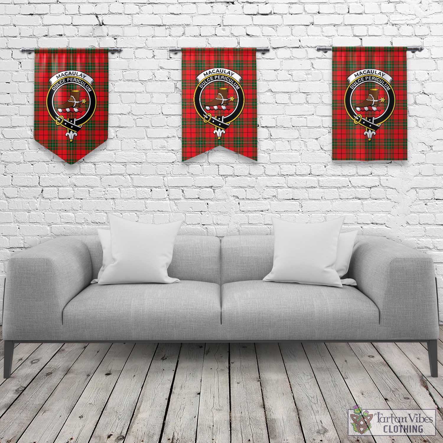 Tartan Vibes Clothing MacAulay Modern Tartan Gonfalon, Tartan Banner with Family Crest