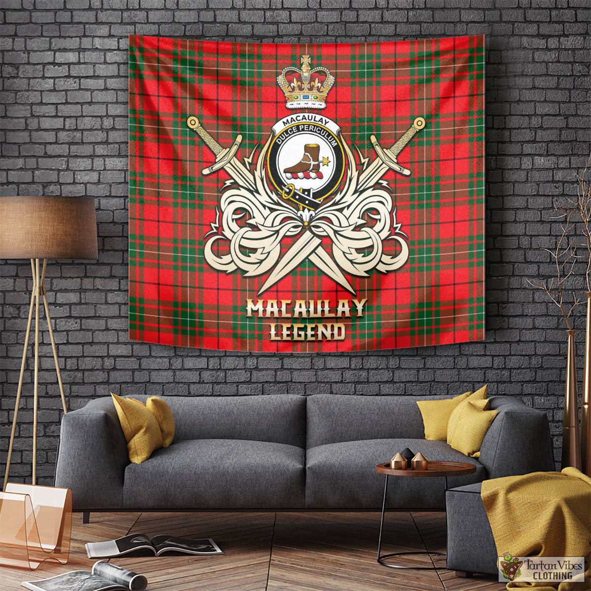 Tartan Vibes Clothing MacAulay Modern Tartan Tapestry with Clan Crest and the Golden Sword of Courageous Legacy