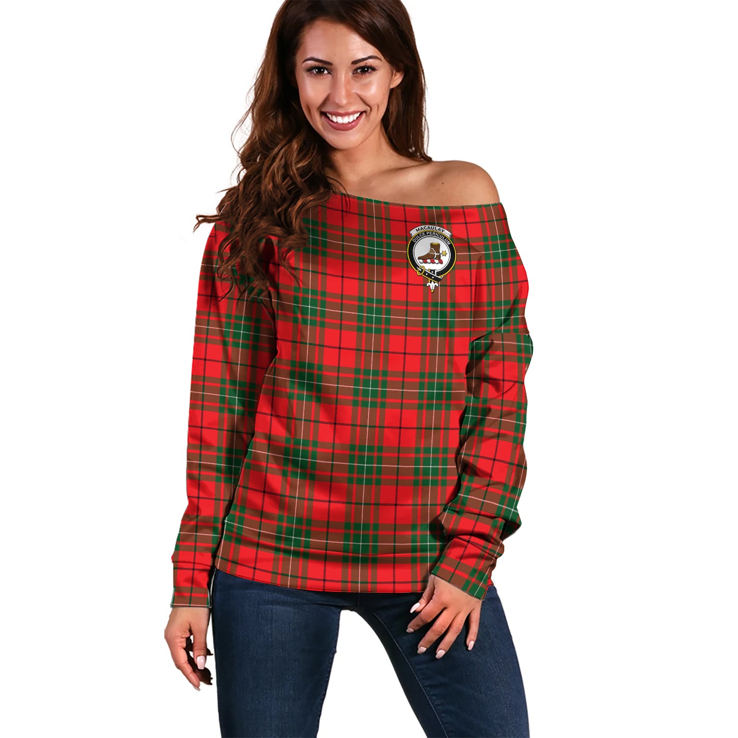 MacAulay Modern Tartan Off Shoulder Women Sweater with Family Crest Women - Tartanvibesclothing