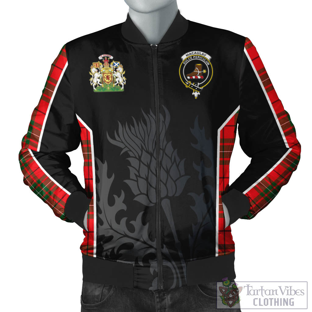 Tartan Vibes Clothing MacAulay Modern Tartan Bomber Jacket with Family Crest and Scottish Thistle Vibes Sport Style