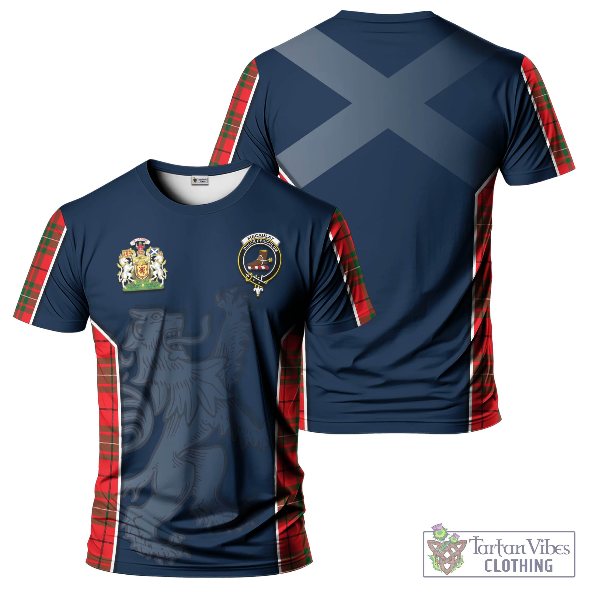 Tartan Vibes Clothing MacAulay Modern Tartan T-Shirt with Family Crest and Lion Rampant Vibes Sport Style